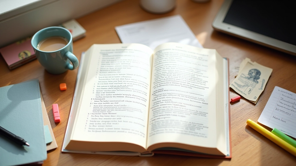 Livro em inglês aberto mostrando páginas de texto com marcações de estudo