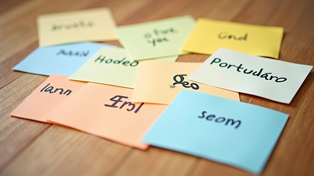 Cartões de memorização com palavras em inglês e português dispostos na mesa