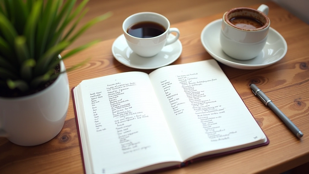 Caderno aberto com anotações manuscritas sobre mesa de madeira, ao lado de xícara de café e caneta