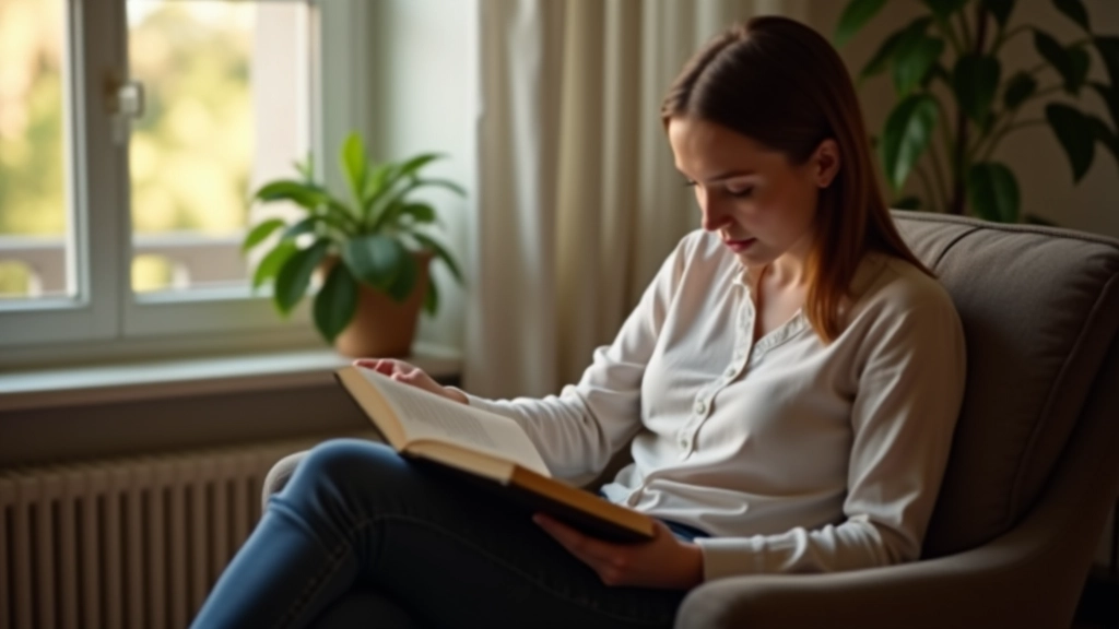 Pessoa lendo livro em inglês em ambiente aconchegante com luz natural, sentada em poltrona